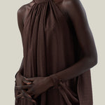 Mini Eterea Dress in Chocolate - Chiffon lurex plumeti halterneck cape-effect short dress