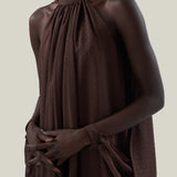 Mini Eterea Dress in Chocolate - Chiffon lurex plumeti halterneck cape-effect short dress