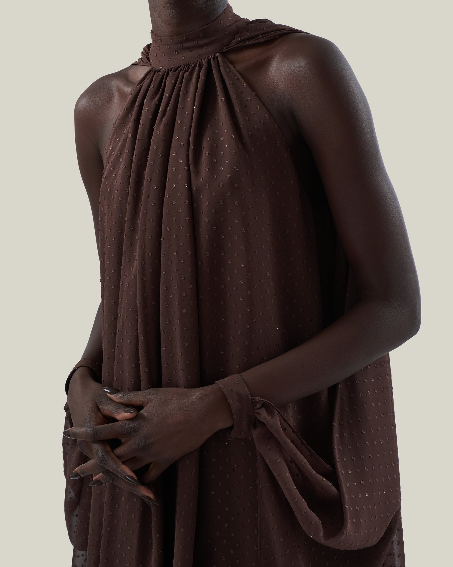 Mini Eterea Dress in Chocolate - Chiffon lurex plumeti halterneck cape-effect short dress