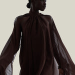 Mini Eterea Dress in Chocolate - Chiffon lurex plumeti halterneck cape-effect short dress