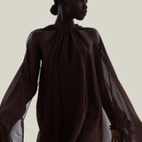 Mini Eterea Dress in Chocolate - Chiffon lurex plumeti halterneck cape-effect short dress