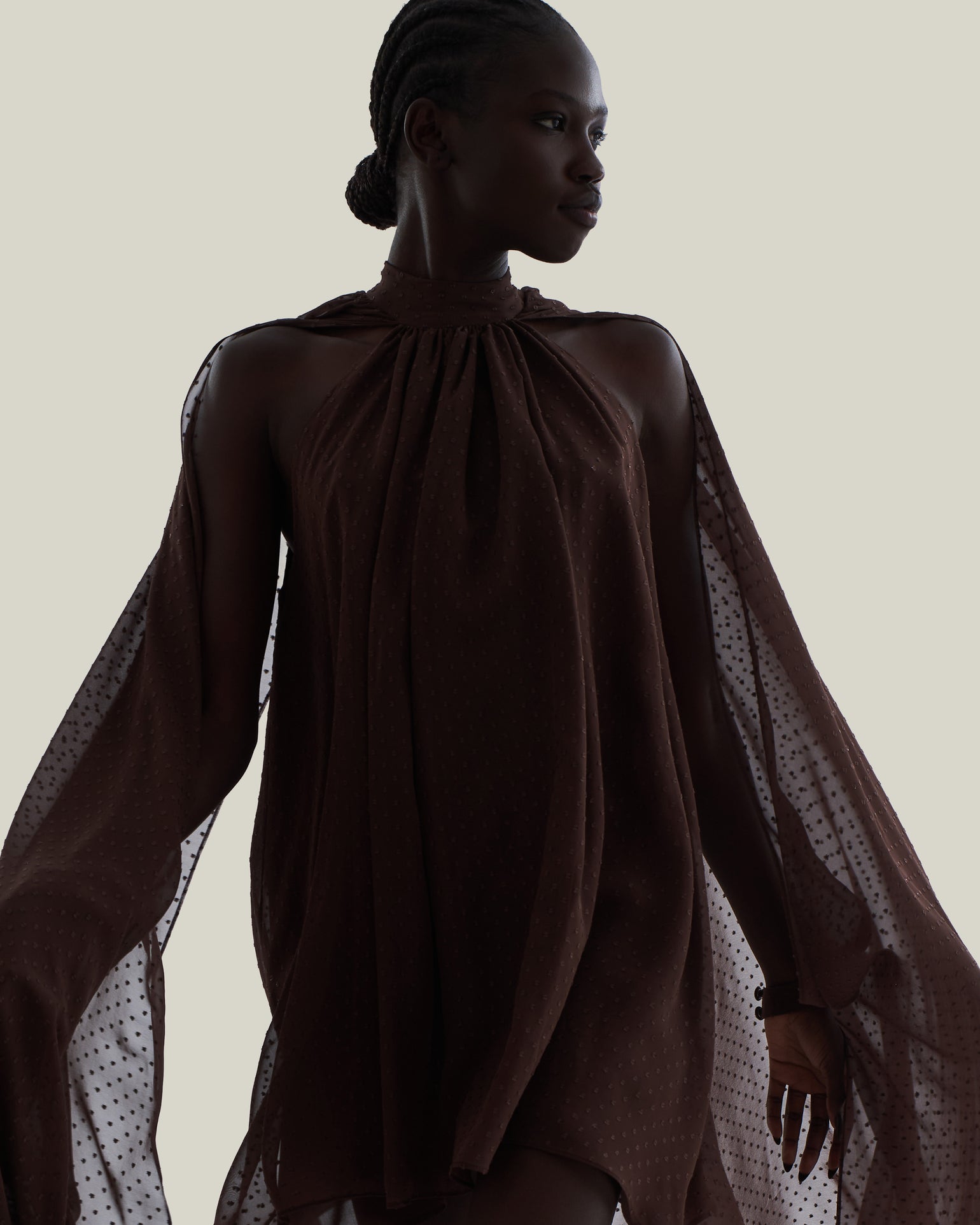 Mini Eterea Dress in Chocolate - Chiffon lurex plumeti halterneck cape-effect short dress