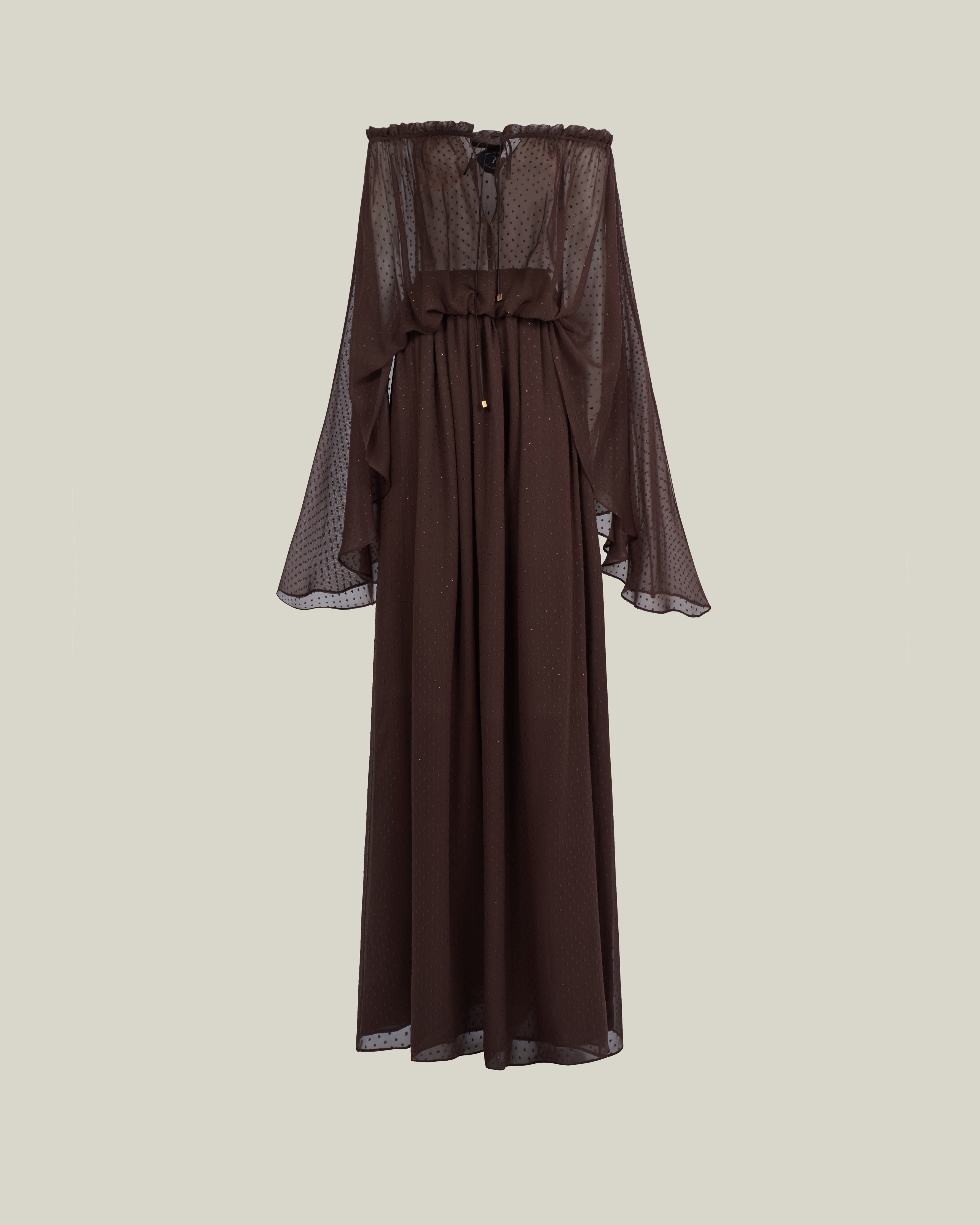 Ouarzazate Dress in Chocolate - Chiffon lurex plumeti off-shoulders maxi dress