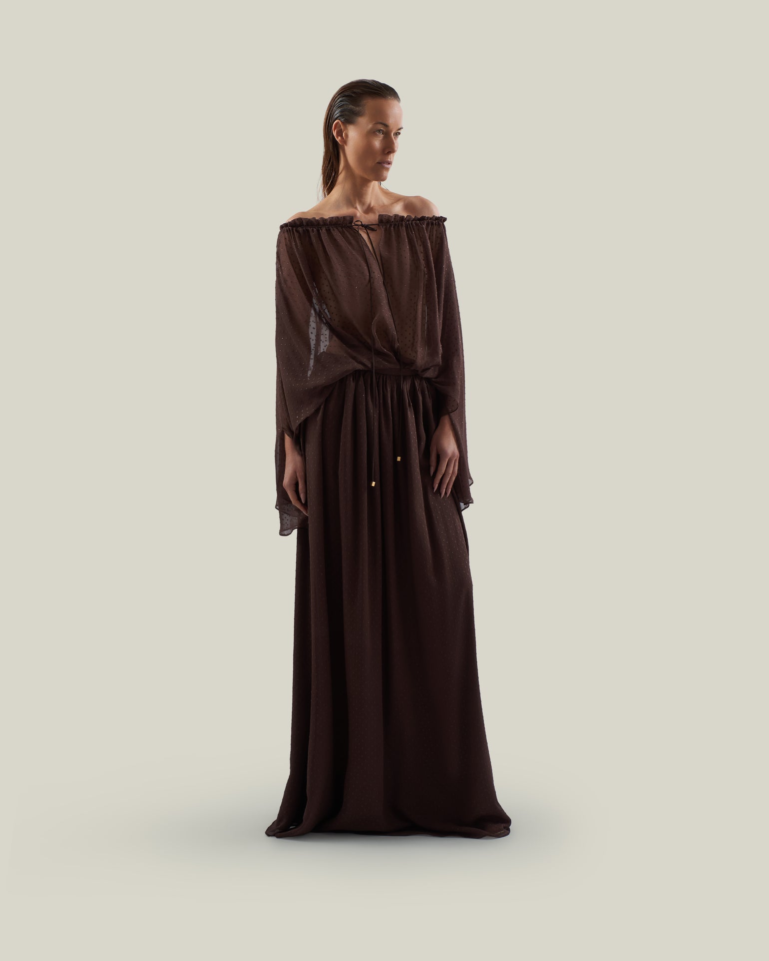 Ouarzazate Dress in Chocolate - Chiffon lurex plumeti off-shoulders maxi dress