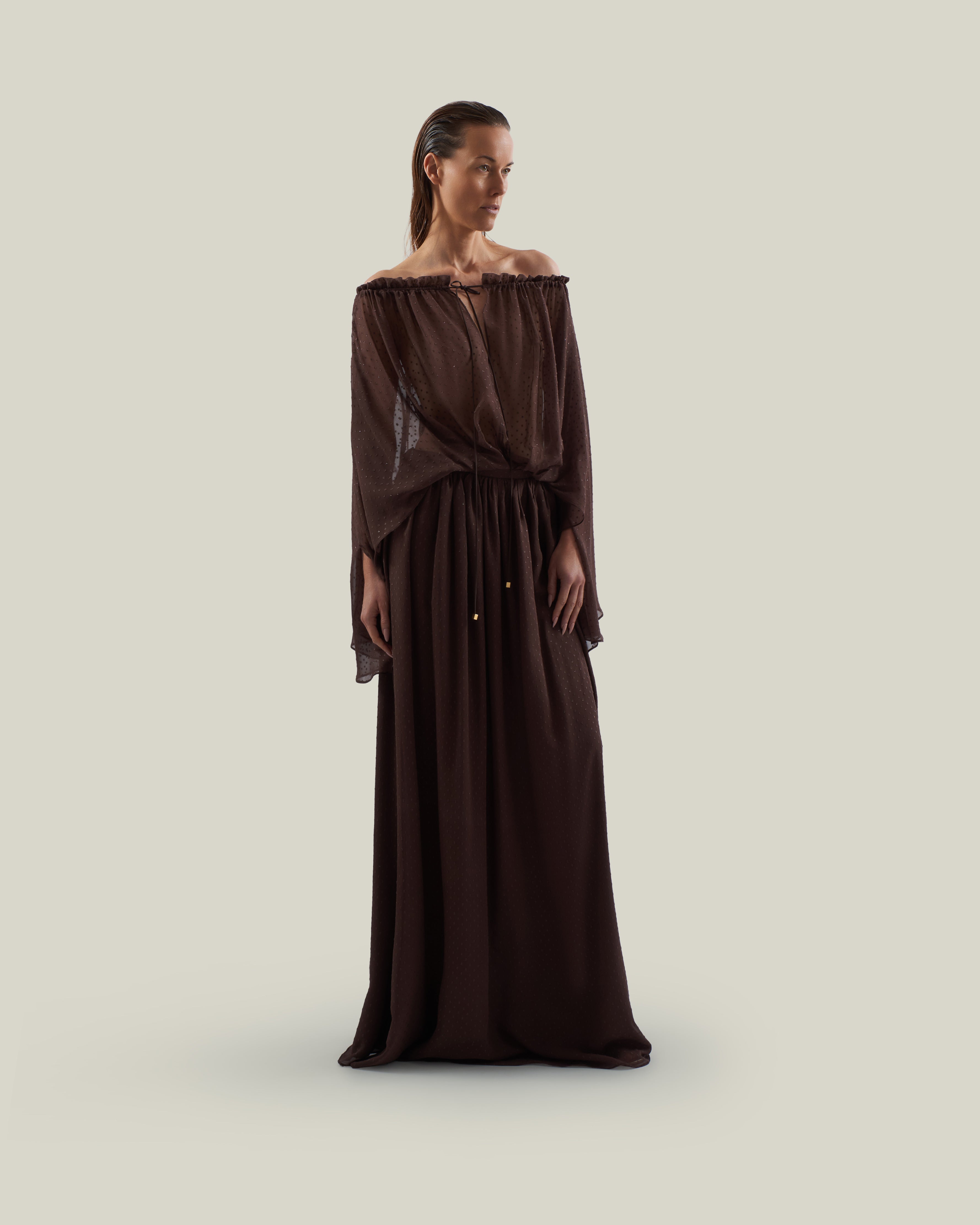 Ouarzazate Dress in Chocolate - Chiffon lurex plumeti off-shoulders maxi dress