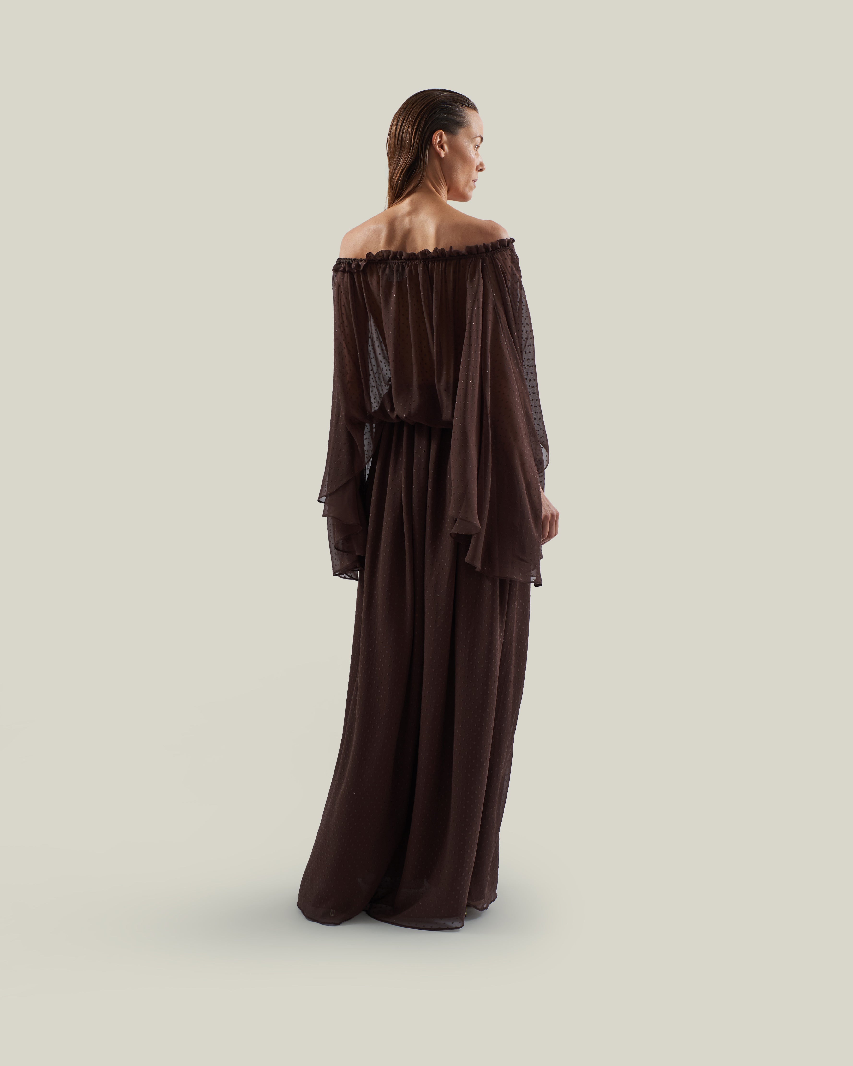 Ouarzazate Dress in Chocolate - Chiffon lurex plumeti off-shoulders maxi dress