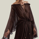 Ouarzazate Dress in Chocolate - Chiffon lurex plumeti off-shoulders maxi dress