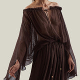 Ouarzazate Dress in Chocolate - Chiffon lurex plumeti off-shoulders maxi dress