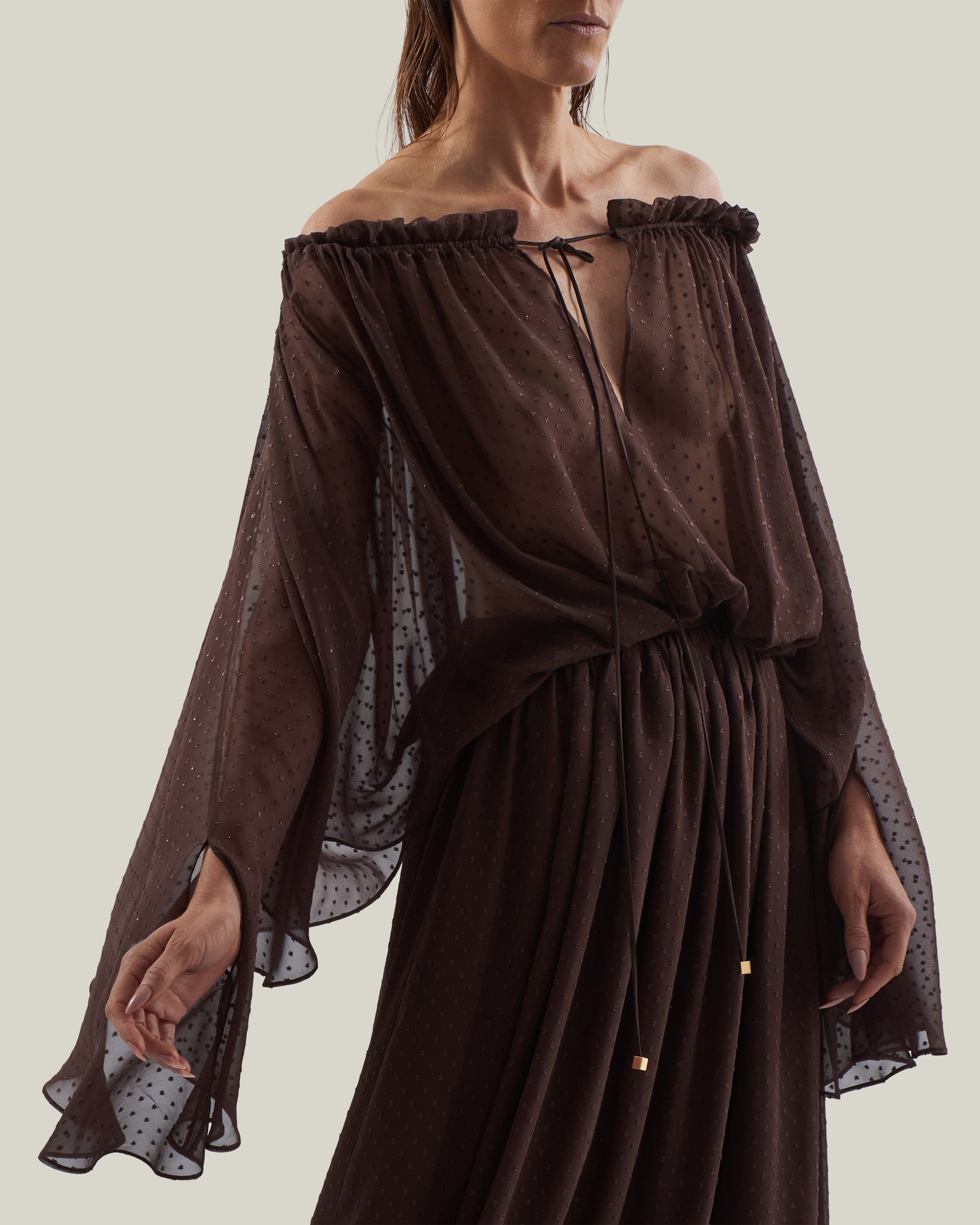 Ouarzazate Dress in Chocolate - Chiffon lurex plumeti off-shoulders maxi dress