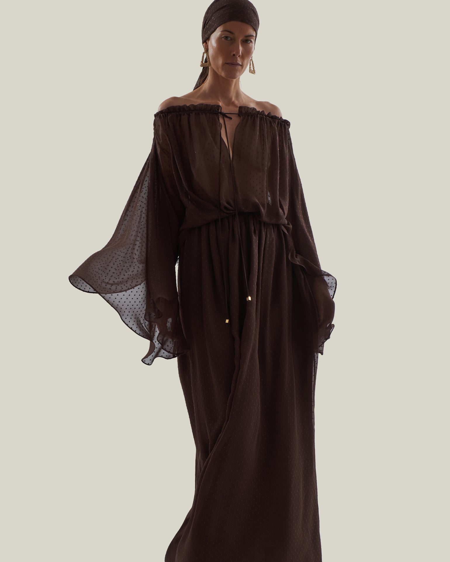 Ouarzazate Dress in Chocolate - Chiffon lurex plumeti off-shoulders maxi dress