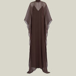 Muscat Kaftan in Chocolate - Chiffon lurex plumeti high-neck kaftan with dettached crepe cady slip dress