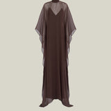 Muscat Kaftan in Chocolate - Chiffon lurex plumeti high-neck kaftan with dettached crepe cady slip dress