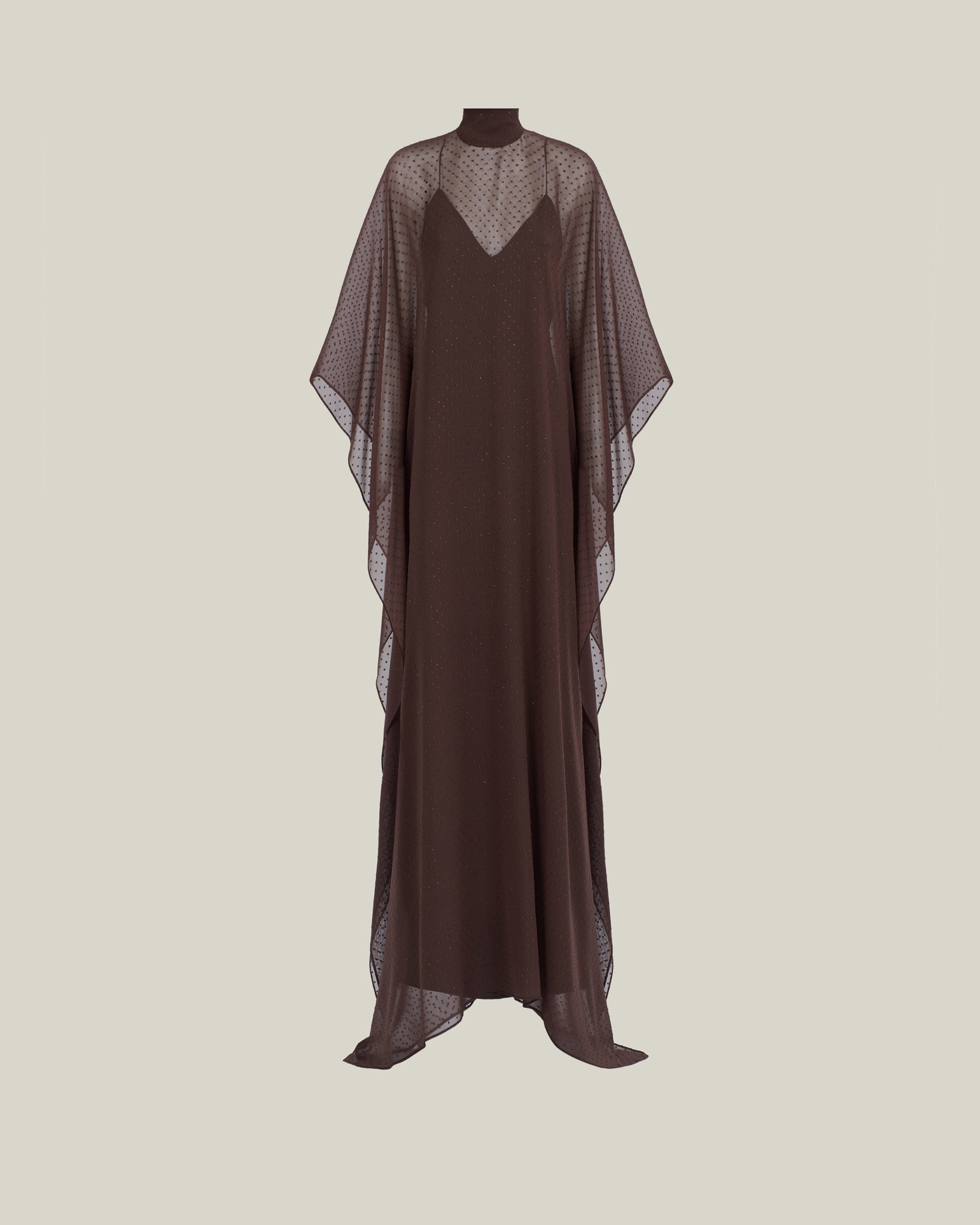 Muscat Kaftan in Chocolate - Chiffon lurex plumeti high-neck kaftan with dettached crepe cady slip dress