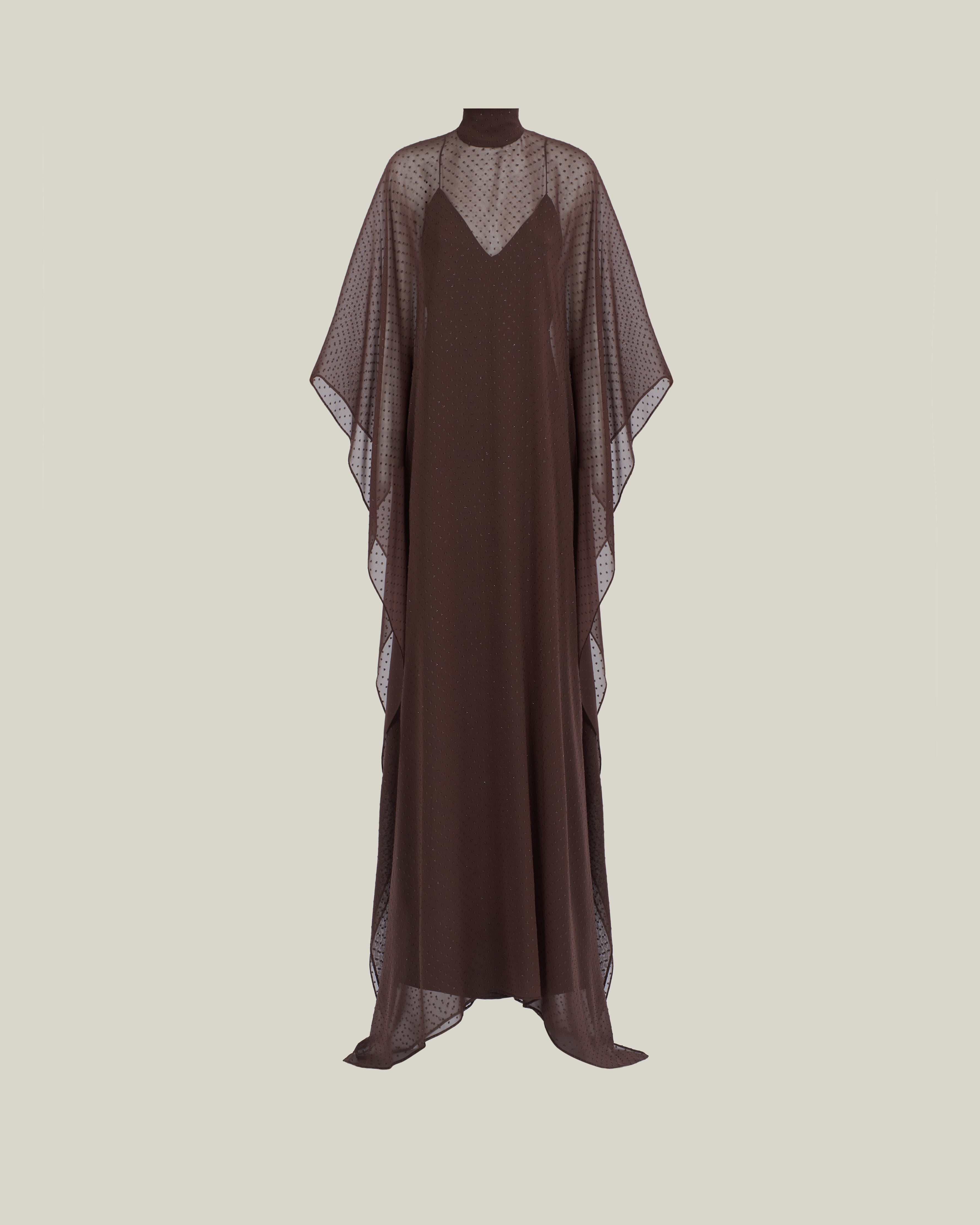 Muscat Kaftan in Chocolate - Chiffon lurex plumeti high-neck kaftan with dettached crepe cady slip dress