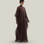 Muscat Kaftan in Chocolate - Chiffon lurex plumeti high-neck kaftan with dettached crepe cady slip dress