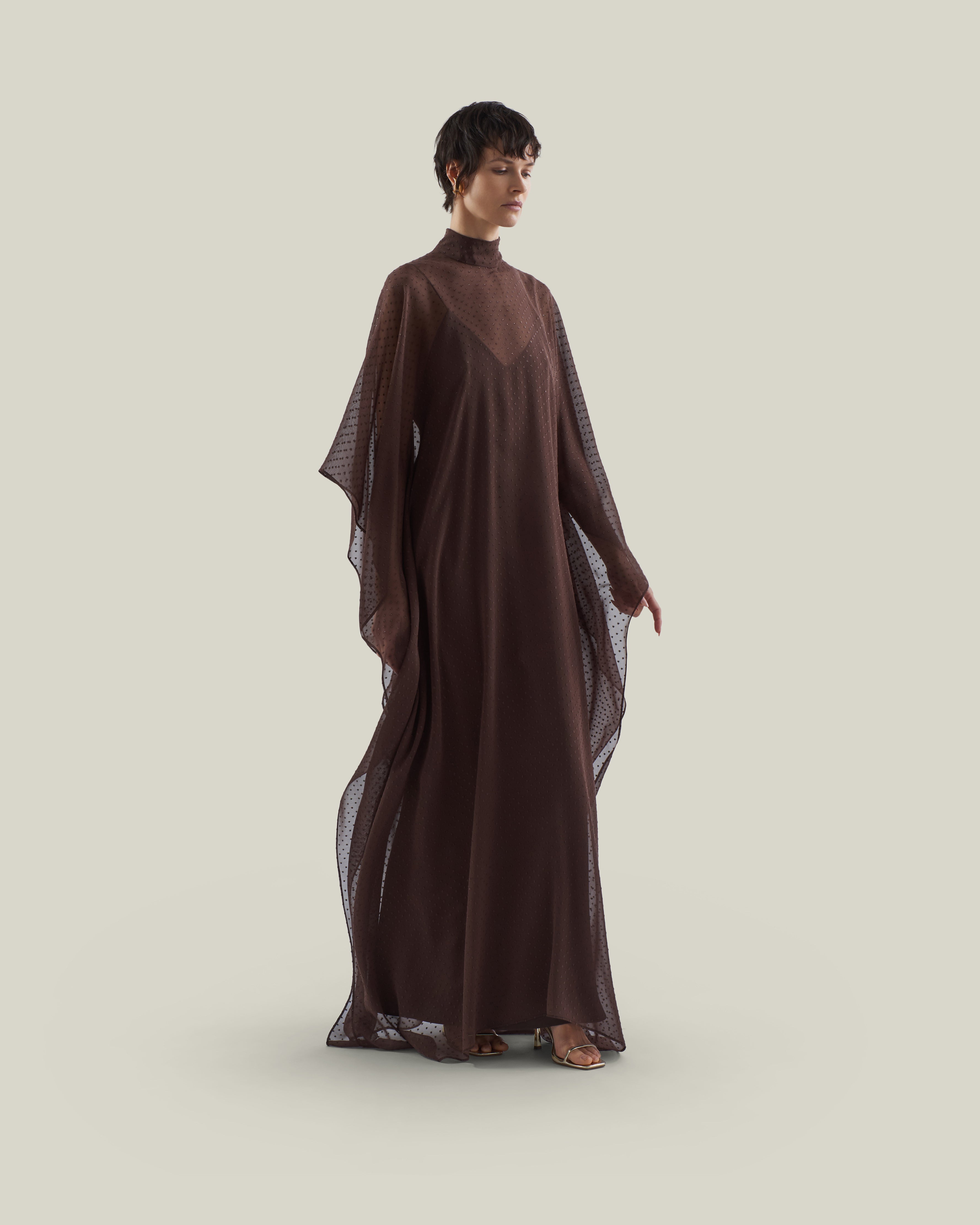 Muscat Kaftan in Chocolate - Chiffon lurex plumeti high-neck kaftan with dettached crepe cady slip dress