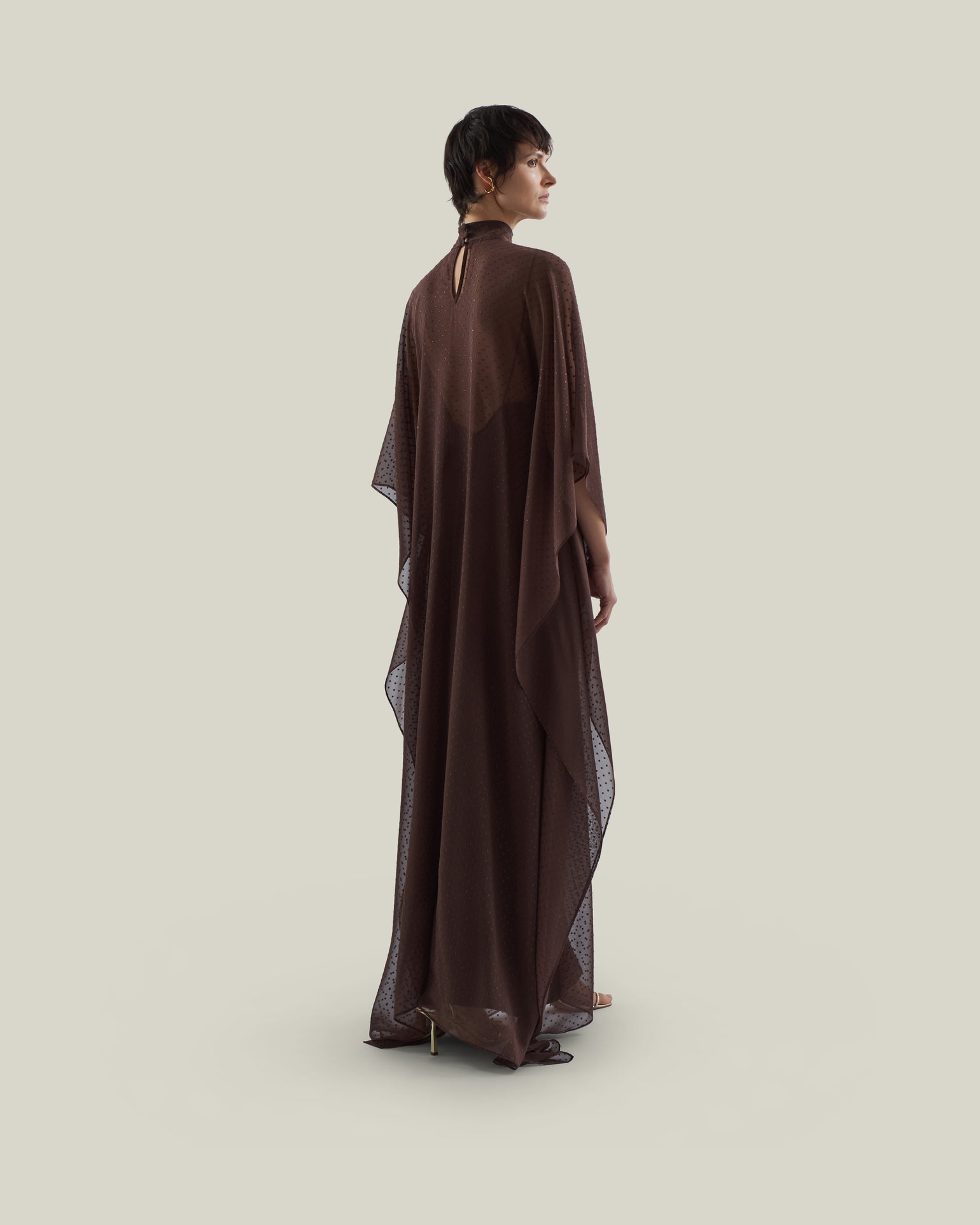 Muscat Kaftan in Chocolate - Chiffon lurex plumeti high-neck kaftan with dettached crepe cady slip dress