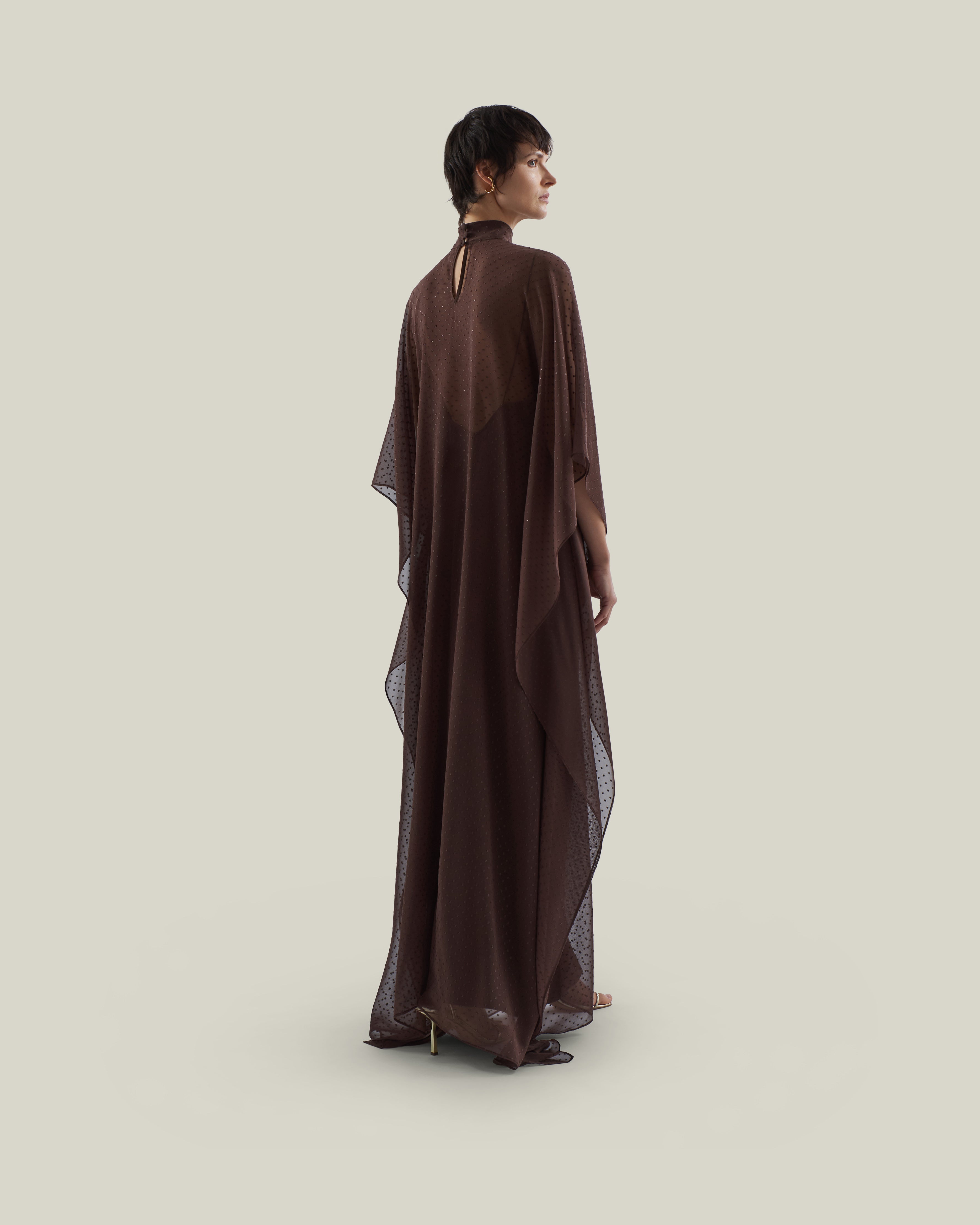Muscat Kaftan in Chocolate - Chiffon lurex plumeti high-neck kaftan with dettached crepe cady slip dress