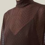 Muscat Kaftan in Chocolate - Chiffon lurex plumeti high-neck kaftan with dettached crepe cady slip dress