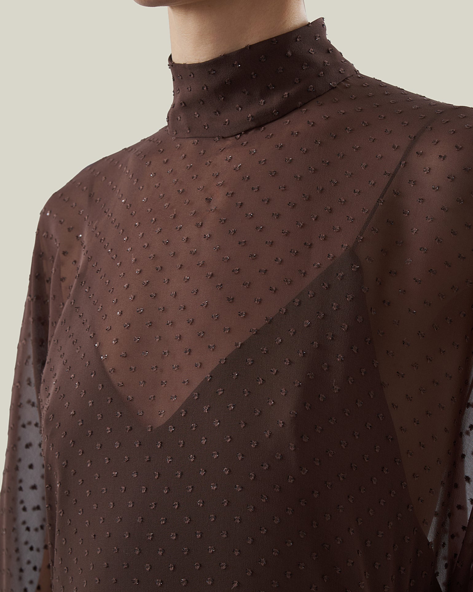 Muscat Kaftan in Chocolate - Chiffon lurex plumeti high-neck kaftan with dettached crepe cady slip dress