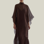 Muscat Kaftan in Chocolate - Chiffon lurex plumeti high-neck kaftan with dettached crepe cady slip dress