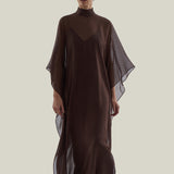 Muscat Kaftan in Chocolate - Chiffon lurex plumeti high-neck kaftan with dettached crepe cady slip dress