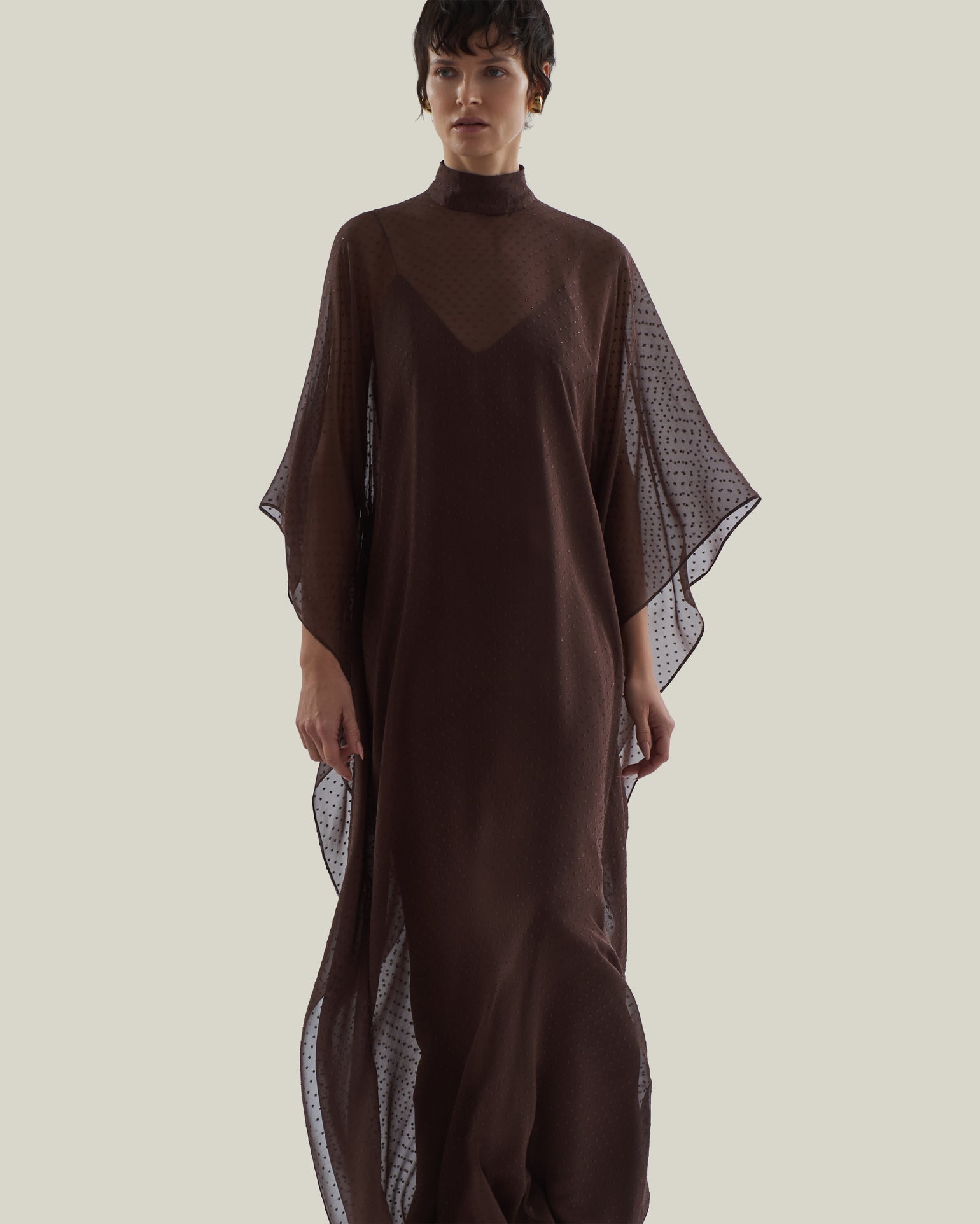 Muscat Kaftan in Chocolate - Chiffon lurex plumeti high-neck kaftan with dettached crepe cady slip dress