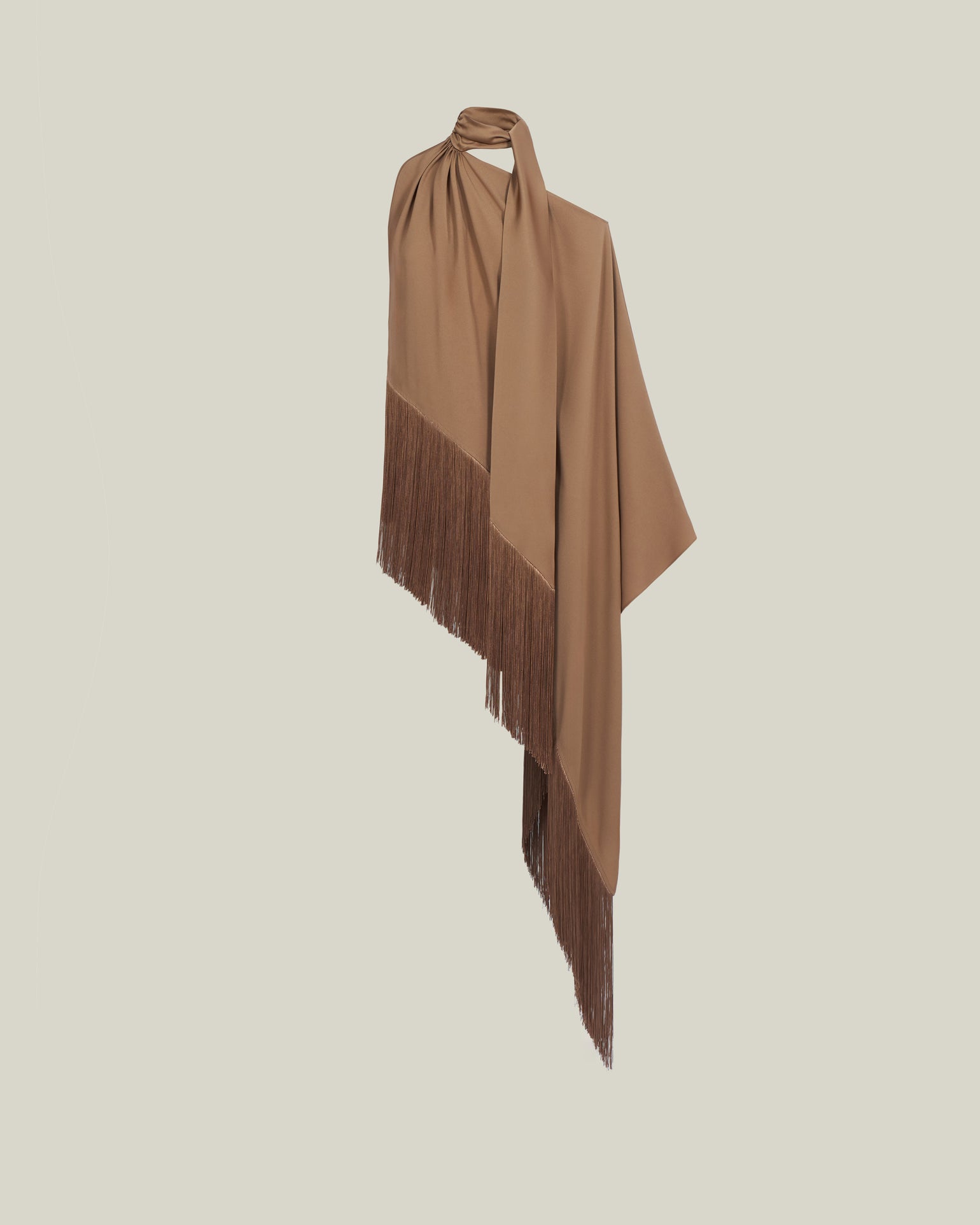 Fringed Atlas Blouse in Camel - Crepe cady asymmetrical fringed blouse