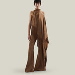 Fringed Atlas Blouse in Camel - Crepe cady asymmetrical fringed blouse