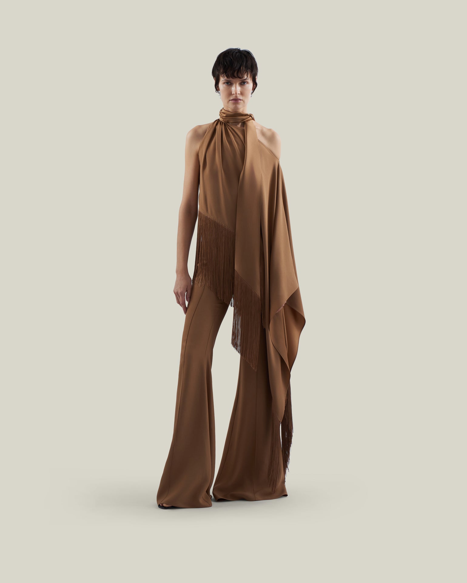 Fringed Atlas Blouse in Camel - Crepe cady asymmetrical fringed blouse