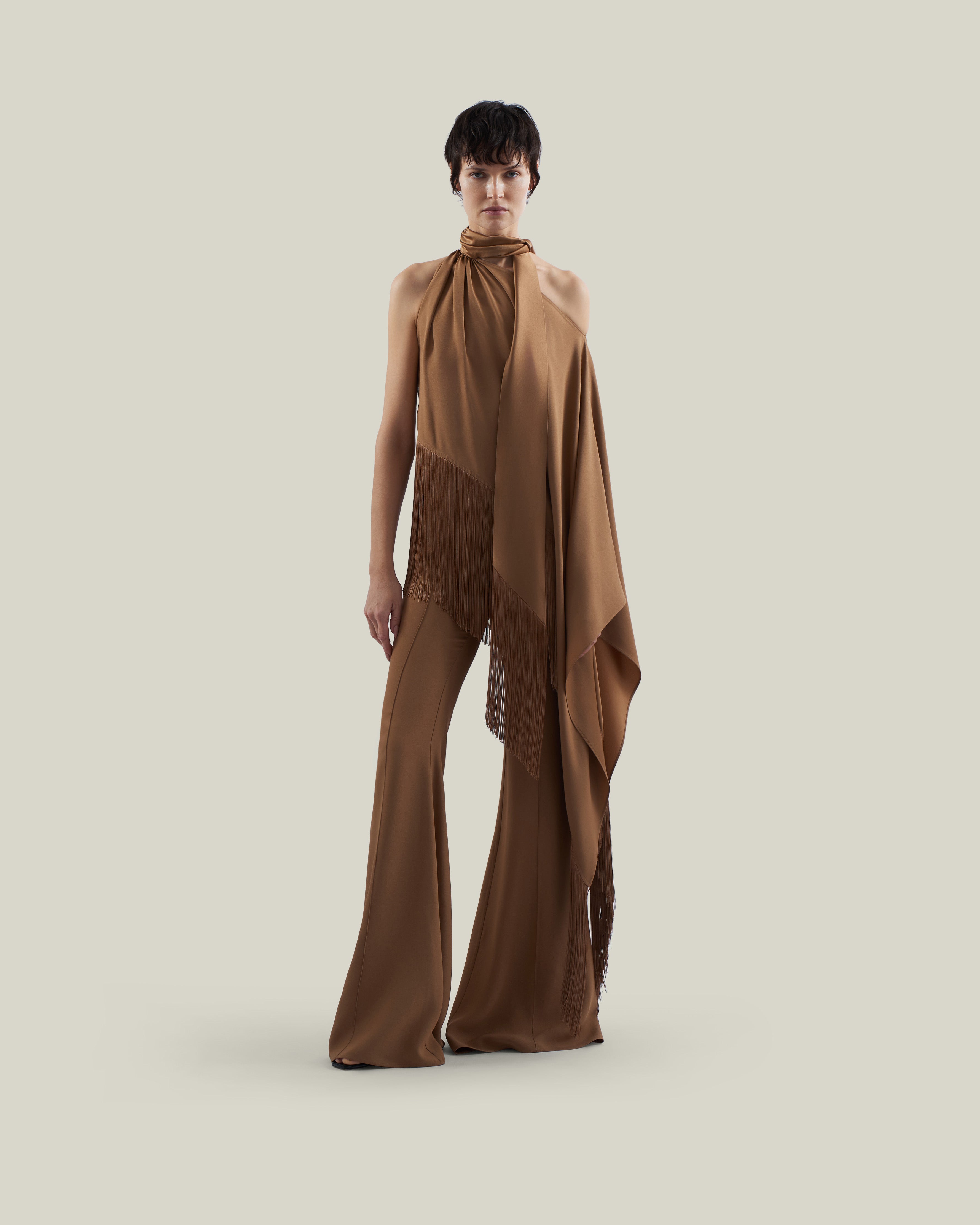 Fringed Atlas Blouse in Camel - Crepe cady asymmetrical fringed blouse