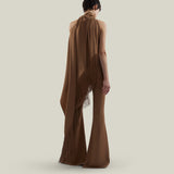 Fringed Atlas Blouse in Camel - Crepe cady asymmetrical fringed blouse