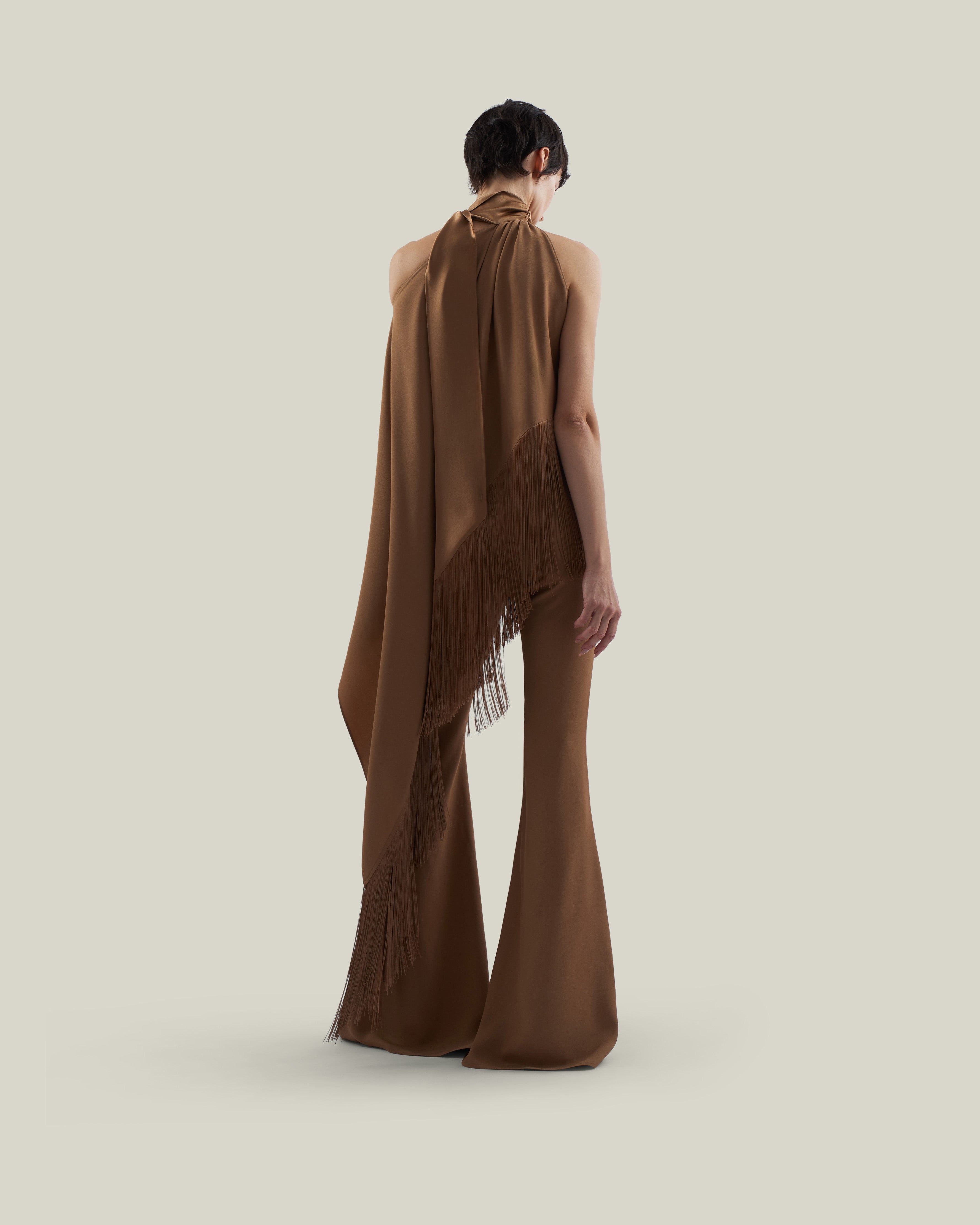 Fringed Atlas Blouse in Camel - Crepe cady asymmetrical fringed blouse