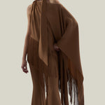 Fringed Atlas Blouse in Camel - Crepe cady asymmetrical fringed blouse