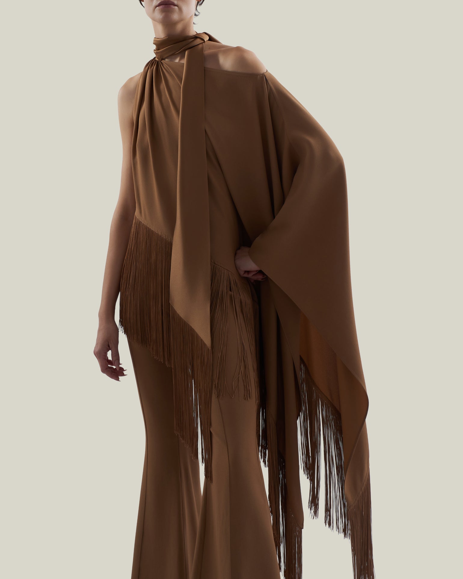 Fringed Atlas Blouse in Camel - Crepe cady asymmetrical fringed blouse