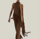 Fringed Atlas Blouse in Camel - Crepe cady asymmetrical fringed blouse