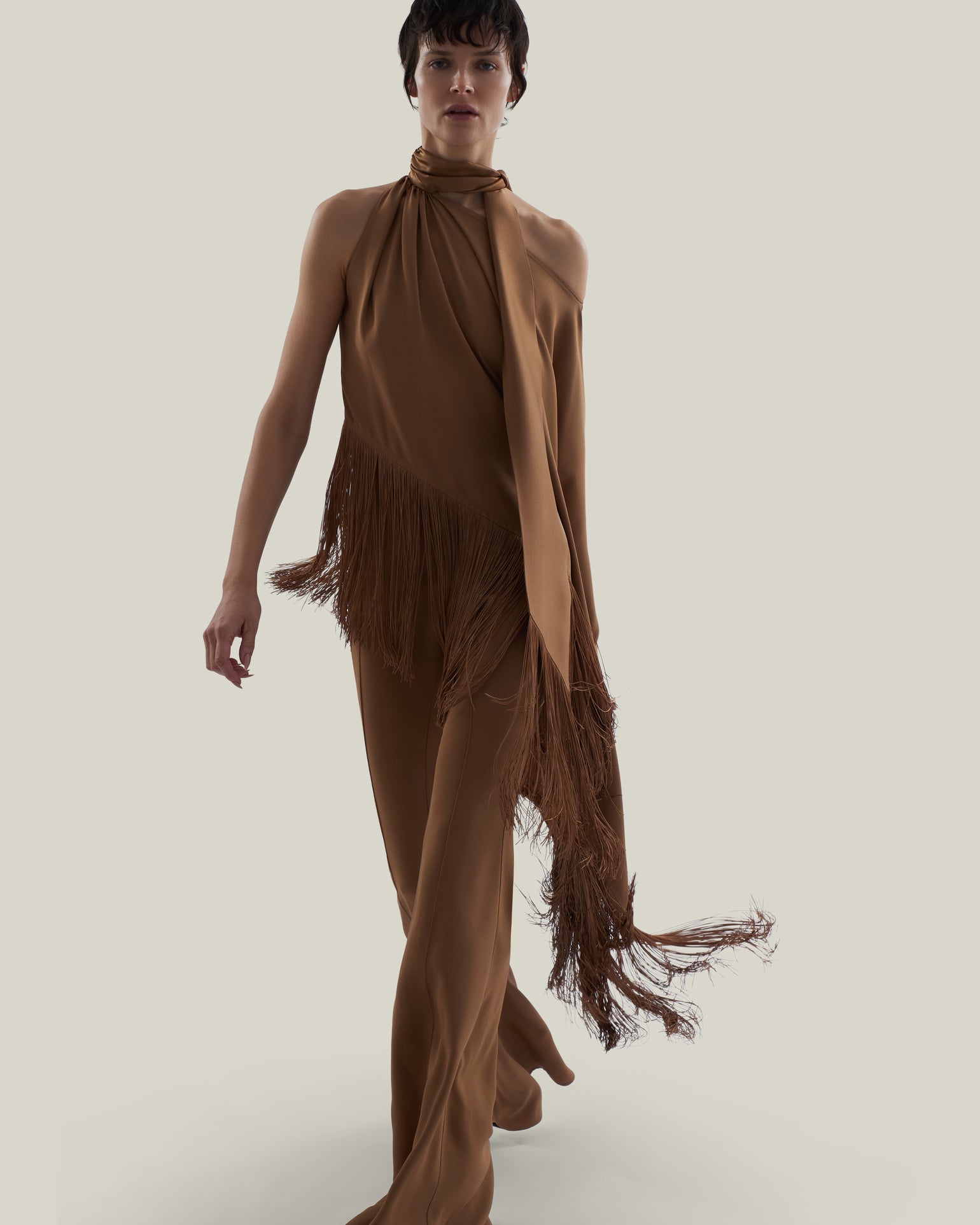 Fringed Atlas Blouse in Camel - Crepe cady asymmetrical fringed blouse