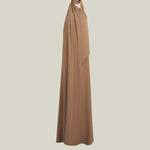Astor Dress in Camel - Crepe cady gathered one shoulder maxi dress with scarf