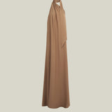 Astor Dress in Camel - Crepe cady gathered one shoulder maxi dress with scarf