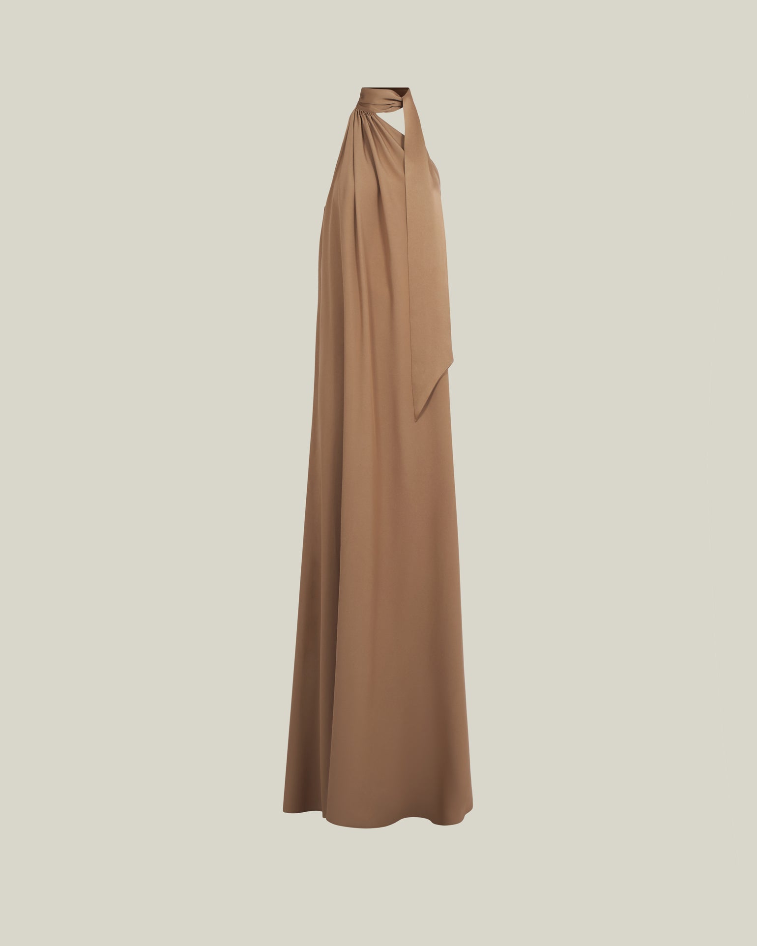 Astor Dress in Camel - Crepe cady gathered one shoulder maxi dress with scarf