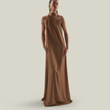 Astor Dress in Camel - Crepe cady gathered one shoulder maxi dress with scarf