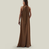 Astor Dress in Camel - Crepe cady gathered one shoulder maxi dress with scarf