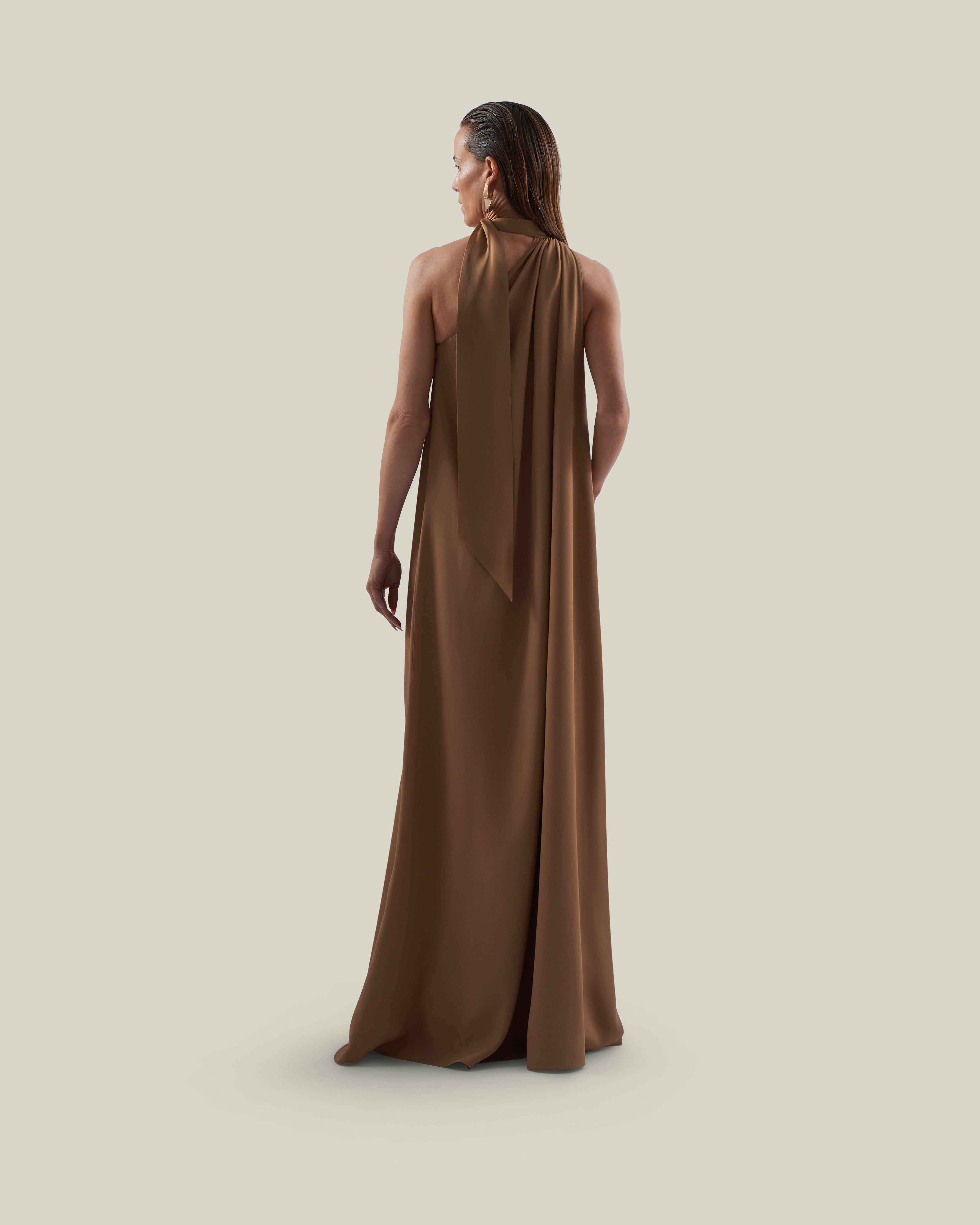 Astor Dress in Camel - Crepe cady gathered one shoulder maxi dress with scarf