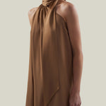 Astor Dress in Camel - Crepe cady gathered one shoulder maxi dress with scarf