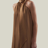 Astor Dress in Camel - Crepe cady gathered one shoulder maxi dress with scarf