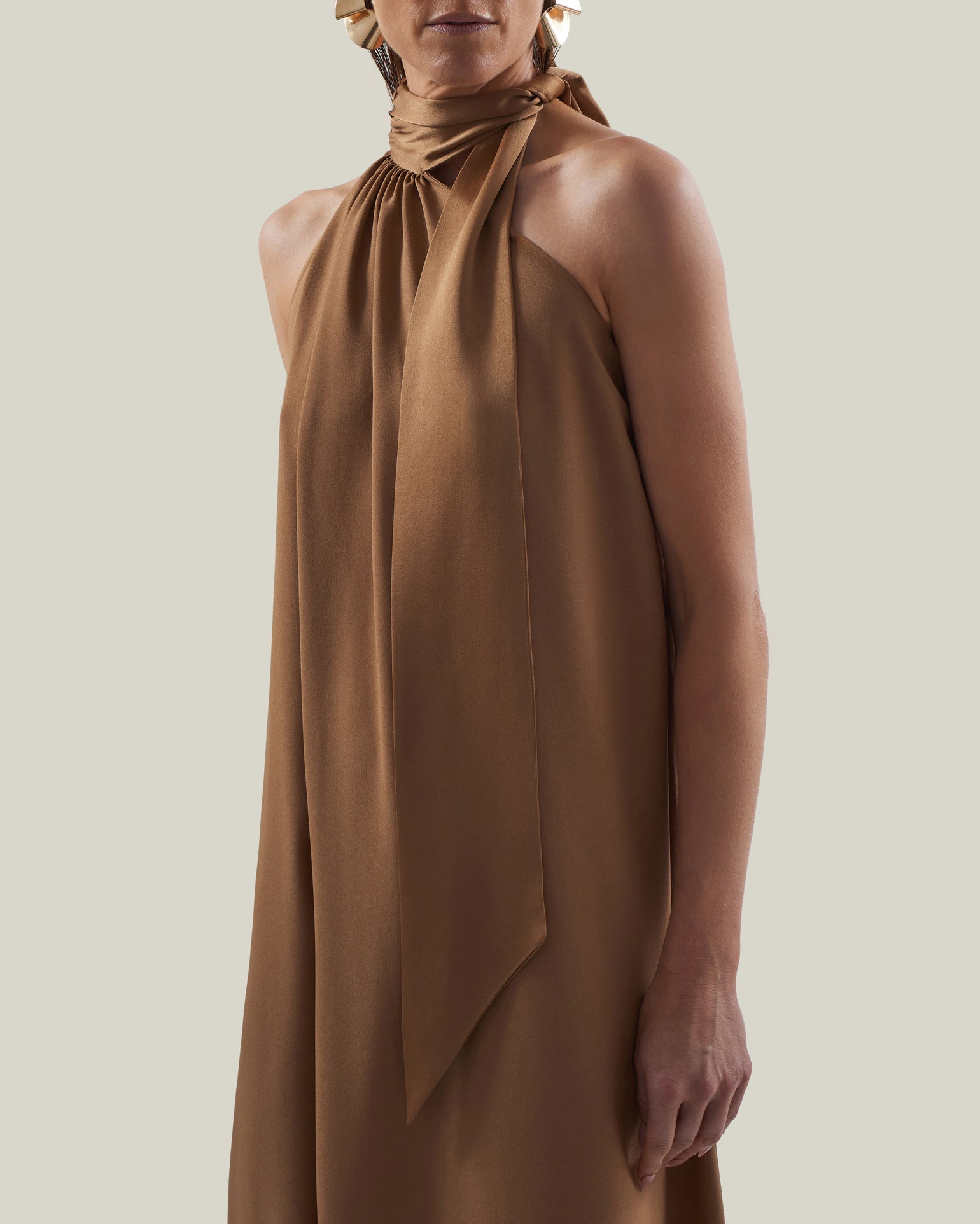 Astor Dress in Camel - Crepe cady gathered one shoulder maxi dress with scarf
