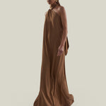 Astor Dress in Camel - Crepe cady gathered one shoulder maxi dress with scarf