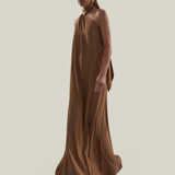 Astor Dress in Camel - Crepe cady gathered one shoulder maxi dress with scarf