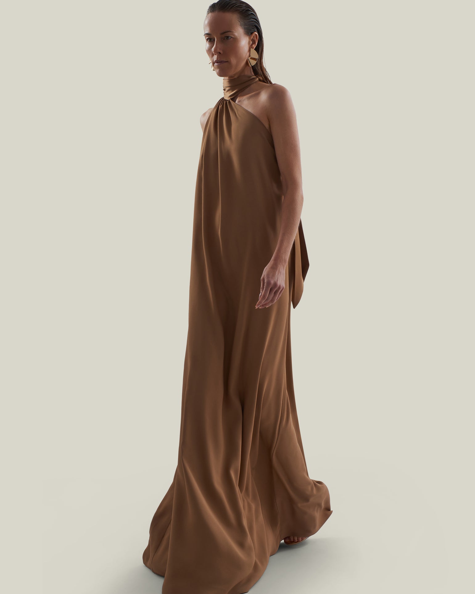 Astor Dress in Camel - Crepe cady gathered one shoulder maxi dress with scarf