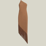 Antelope Dress in Camel - Crepe cady asymmetrical fringed hem dress